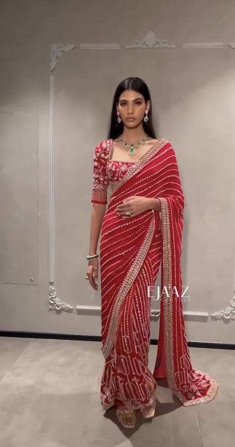 Lehenga Saree For Bride, Red Carpet Saree Looks, Latest Trends In Indian Wear For Women 2023, Red Marriage Saree, Sequins Saree Blouse Designs, Karvachauth Look Saree, Rectangle Neck Blouse Designs, Ulta Pallu Saree Style, Bride Reception Saree