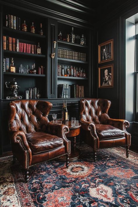 1920s Speakeasy Vibes Speakeasy Decor Bar, Masculine Centerpieces, Vintage Living Room Ideas, Speakeasy Decor, 1920s Speakeasy, Vintage Leather Chairs, Snug Room, Plush Furniture, Home Pub