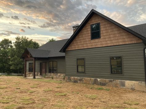 Cedar Shake Peaks, Green Siding With Cedar Shakes, Dark Green Exterior House Colors Cedar Shakes, Sage Green House Exterior Cedar Shakes, Garage Exterior Paint Colors, Green Siding Ranch House, Green Houses With Black Trim, Cedar Siding Ranch House Exterior, Green Cedar Shake Siding