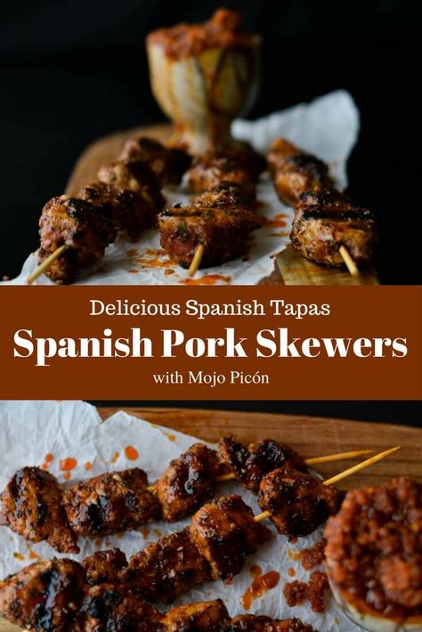 Spanish Entrees, Spanish Pork, Spanish Tapas Recipes, Pork Skewers, Tapas Party, Tapas Dishes, Tapas Recipes, Spanish Tapas, Spanish Cuisine