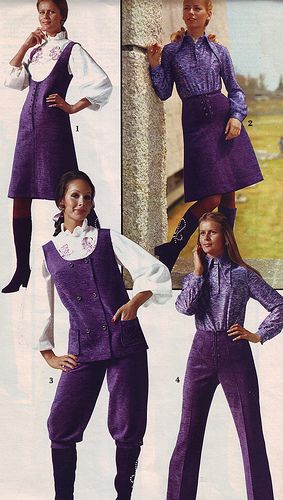 1971 Spiegel Christmas Catalog Page Section - Retro Mod Purple Corduroy Jumper, Skirt, Vest, Pantaloons, Pants | jsbuttons on Flickr 70s Inspired Outfits, 1970s Women, 70s Clothing, 70 Fashion, 60s 70s Fashion, 60s And 70s Fashion, Fashion 1960s, Fashion Illustration Vintage, Seventies Fashion