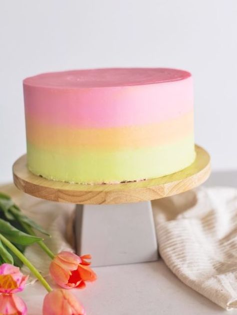 Pink And Yellow Ombre Cake, Pink Purple Yellow Birthday Cake, Pink And Yellow Cakes, Multi Colored Cake, Sunrise Cake, Pink And Yellow Cake, Sherbet Cake, Bdy Cake, Summer Birthday Cake