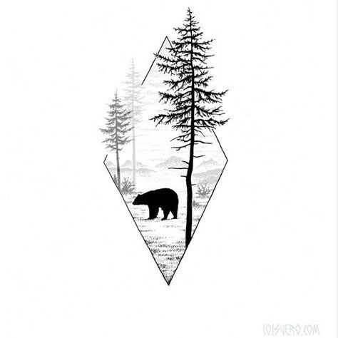 Canada Tattoo, Geometric Bear, Tattoo Trend, Bear Tattoos, Forest Tattoos, Landscape Tattoo, Bear Tattoo, Wolf Tattoos, Tattoo Sleeve Designs