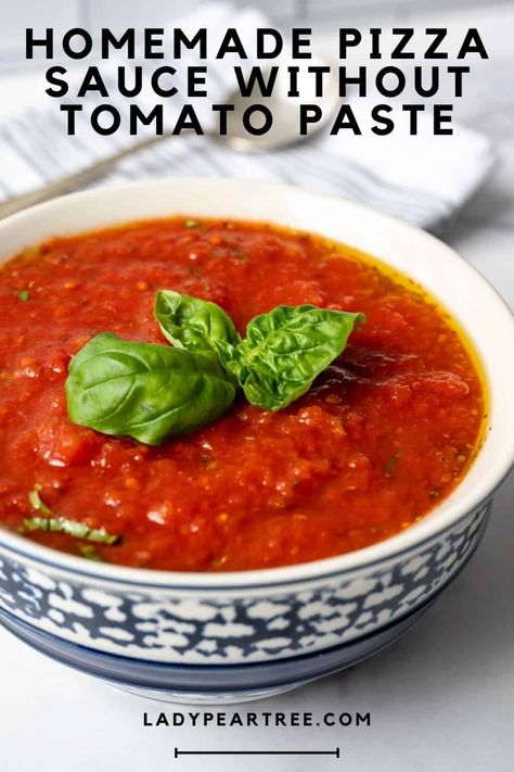 What's fantastic about this sauce is that it is a no cook recipe, does not have tomato paste and is pretty close to the most authentic Italian pizza sauce recipe you'll ever find. ladypeartree.com #easypizzasauce, #simplepizzasauce, #quickpizzasauce, #pizzasaucenotomatopaste, #authenticpizzasauce, #italianpizzasaucerecipe, #nocookpizzasauce Tomato Paste Pizza Sauce, Italian Pizza Sauce Recipe, Authentic Italian Pizza Sauce, Italian Pizza Sauce, The Best Pizza Sauce, Make Pizza Sauce, Best Pizza Sauce, Tomato Paste Recipe, Authentic Italian Pizza