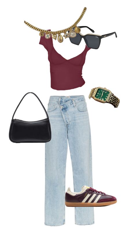 Outfit inspiration for dinner outfits casual but classy. Can be also inspiration for back to school outfits. This is perfect for casual going out style, modern dinners, girls night, date night, and more. Cute maroon top with baggy light wash jeans, leather black purse, gold antique watch, gold charm necklace, and maroon red adidas samba shoes. Summer modern minimalist mature style outfits. #backtoschool Maroon Sambas Outfit, Maroon Top Outfit, Dinner Outfits Casual, Adidas Samba Shoes, Dinner Fits, Samba Shoes, Samba Outfit, Maroon Top, Night Date