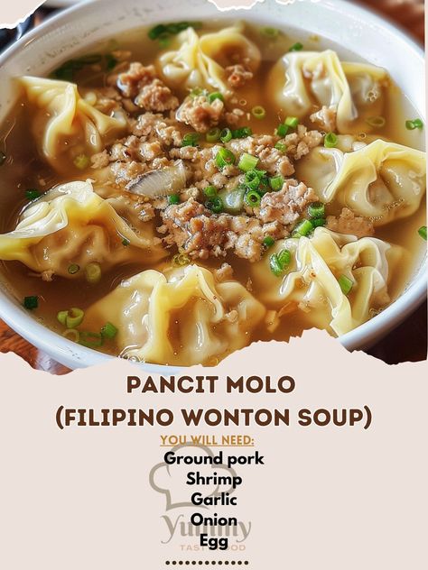 🍜 Warm up with a bowl of Pancit Molo, the Filipino Wonton Soup! 🍜 #PancitMolo #FilipinoCuisine Pancit Molo (Filipino Wonton Soup) Ingredients: Ground pork (1 lb) Shrimp (1/2 lb, peeled and chopped) Garlic (3 cloves, minced) Onion (1, finely chopped) Egg (1, beaten) Salt (1 tsp) Pepper (1/2 tsp) Wonton wrappers (30 pcs) Chicken broth (8 cups) Fish sauce (2 tbsp) Spring onions (for garnish) Fried garlic (for garnish) Instructions: In a bowl, mix ground pork, shrimp, garlic, onion, egg, salt... Pf Changs Wonton Soup, Filipino Miki Recipe Noodle Soups, Hong Kong Style Pan Fried Noodles, 25 Minute Wonton Soup With Sesame Chili Oil., P.f. Chang’s Egg Drop Soup, Wonton Wrappers, Garlic Fries, Garlic Shrimp, Minced Onion