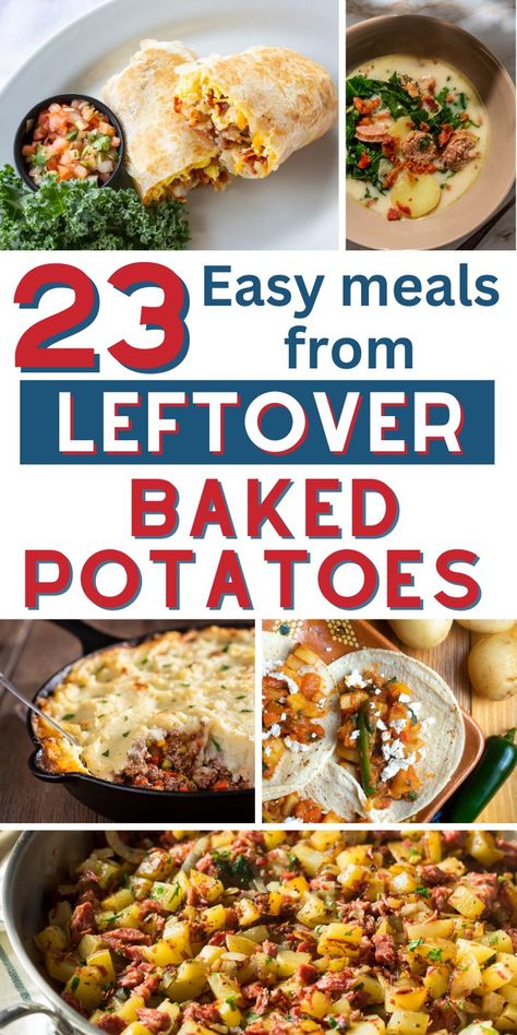 These leftover baked potato recipes are perfect for breakfast or dinners. 23 easy & healthy leftover baked potato recipes ideas are quick and cheap since you already have baked potatoes left over. You can make these dinners in the air fryer or crockpot, and can even prepare them vegan and dairy free. Try these leftover baked potato recipes healthy, and enjoy breakfast, soup, mashed potatoes, au gratin, potato tacos, home fries, and so much more. The best leftover baked potato recipes breakfast! Leftover Baked Potato Recipes, Leftover Potatoes Recipes, Leftover Baked Potato, Casseroles Breakfast, Small Potatoes Recipe, Potato Recipes Crockpot, Leftover Baked Potatoes, Quick Cheap Meals, Breakfast Potato Casserole