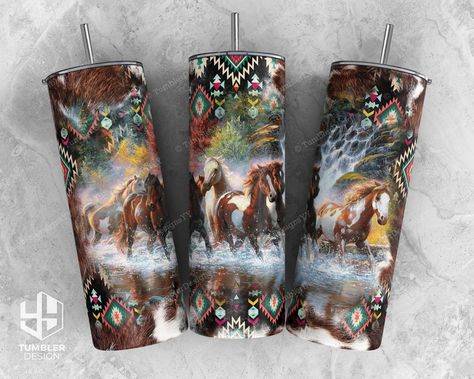 Aztec Horse, Horse Tumbler, Embroidered Horse, Cowgirl Accessories, Epoxy Tumblers, Sublimation Ideas, Western Clothing, Custom Tumbler Cups, Running Horses