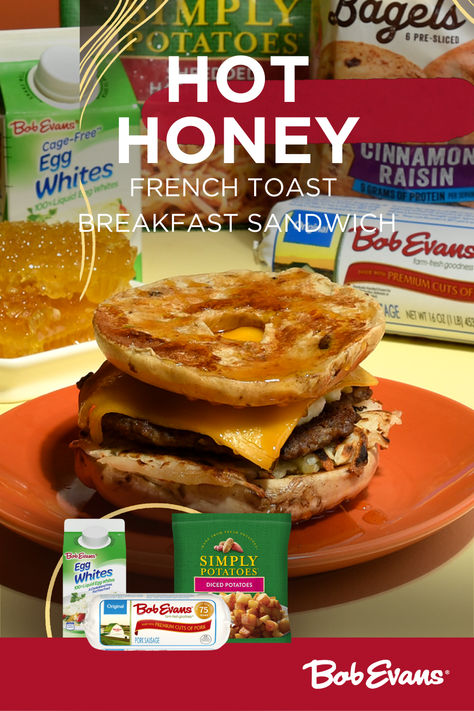 Elevate your breakfast with this Hot Honey French Toast Breakfast Sandwich! Start with a Thomas’® Cinnamon Raisin Bagel soaked in a spiced custard, then pan-fried to golden perfection. Thomas Bagels, Homemade Hot Honey, Hot Honey Sauce, Cinnamon Raisin Bagel, Simply Potatoes, Shredded Hash Browns, Bob Evans, French Toast Breakfast, Honey Sauce