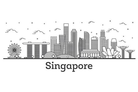 Outline Singapore City Skyline with Modern Buildings Isolated on White. Vector Illustration. Singapore Cityscape with Landmarks.   Included:  - EPS 10 - AI CS5 - HI-Res JPG  ★★★★★★★★★★★★★★★★★★★★★★★★★★★★★★★★★★★★★★★★  Also you can see and **buy** my city **sets**:  "**60 City Skyline Silhouettes Set**" with black and white city skylines https://creativemarket.com/Booblgum/455986-60-City-Skyline-Silhouettes-Set  "**60 City Skyline Silhouettes Set 2**" with black and white city skylines  https://cre Marble Inlay Designs, City Outline, Skyline Drawing, Singapore Skyline, City Skyline Silhouette, Singapore City, Skyline Painting, Inlay Design, City Skylines