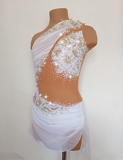 White Competition Solo Lyrical Dance Costume Contemporary Leotard - Etsy UK Dance Dresses Contemporary, Rhinestone Patterns For Dance Costumes, Dance Costumes Custom, Gold Lyrical Dance Costumes, White Lyrical Costume, Lyrical Costumes Solo, Rhinestone Dance Costume Ideas, Rhinestone Patterns Dance Costumes, White Lyrical Dance Costumes