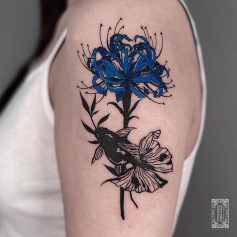 Red And Blue Spider Lily Tattoo, Blue Spider Lily Tattoo Design, Demon Slayer Flower Tattoo, Blue Spider Lily Tattoo, Spider Lilly Tatoos, Japanese Spider Lily Tattoo, Japanese Inspired Tattoos, Blue Spider Lily, Lily Tattoo Ideas