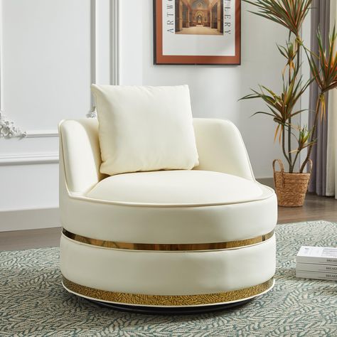 PRICES MAY VARY. 【360° Swivel Accent Chair】Our living room chair features a 360° swivel base, allowing you to effortlessly adjust the sitting direction and communicate with everyone in the room without needing to stand up or reposition the chair. 【Luxurious Faux Leather Fabric】This round swivel chairs for living room made of faux leather fabrics add sophistication and luxury to your room while giving you a comfortable touch. Easy to clean and maintain features provide a cozy and clean seating ex Round Swivel Chair, Modern Glam Living Room, Bedroom Sitting Room, White Accent Chair, Leather Accent Chair, Swivel Barrel Chair, Swivel Accent Chair, Swivel Armchair, Beautiful Living Rooms