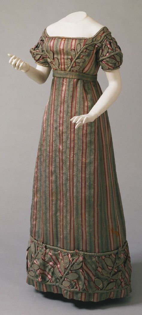 1823 Striped Silk American Gown.( Image via Philadelphia Museum of Art.) 1820s Fashion, Regency Gown, Regency Era Fashion, Romantic Era, 1800s Fashion, Regency Dress, Regency Fashion, 19th Century Fashion, Philadelphia Museum Of Art