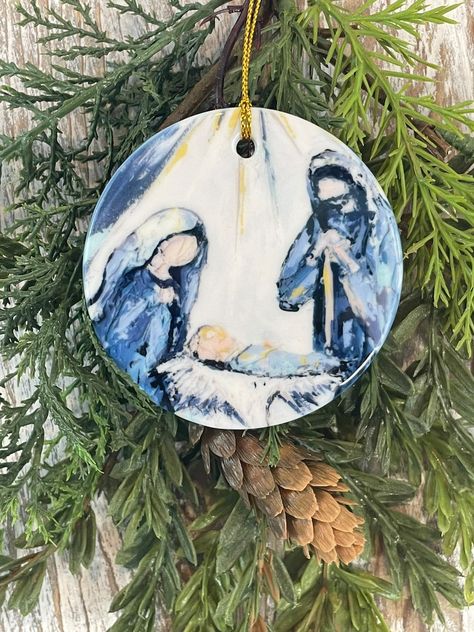 Religious Christmas Paintings, Christmas Nativity Painting, Nativity Tree, Meaningful Christmas Gifts, Nativity Story, Blue Christmas Ornaments, Religious Ornaments, Meaningful Christmas, Painted Ornament