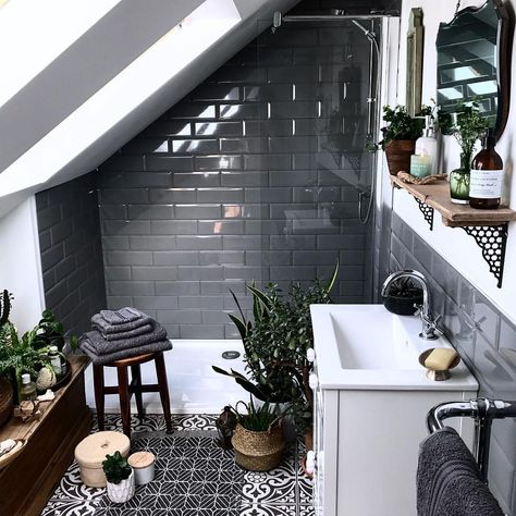 Trying out these @hamptonandastley towels this week, so soft and they come in a lovely range of 16 different colours, the dark grey is… Drømme Bad, Model Dapur, Grey Subway Tiles, Loft Bathroom, Dark Bathrooms, Attic Bathroom, Bad Inspiration, New Bathroom, Trendy Bathroom