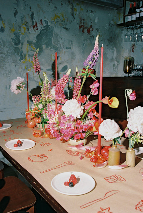 Tomato Candles and hand painted table designs | wedding table scape inspiration   Workshop & photographer: @zarastaplesweddings Venue: @candelabar Menus & table painting: @broganscottstudio Florist: @isadiafloral Candles: @poppyandsagenz Cake: @neat.cakes Wedding Table Scape, Tomato Candle, Table Painting, Hand Painted Table, Creative Planner, Natural Wedding Photography, Table Scape, Table Designs, Super 8