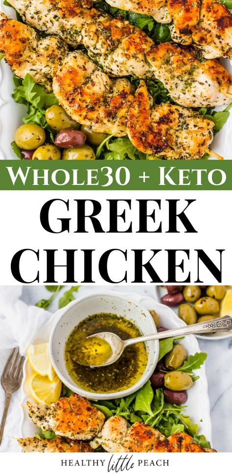 Keto Greek, Greek Olive Oil, Whole 30 Keto, Chicken On A Stick, Whole30 Dinners, Whole 30 Diet, Diner Recept, Recipe 30, Greek Chicken