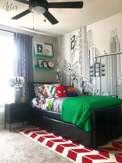 Marvel Bedroom Adult, Marvel Teenage Bedroom, Modern Marvel Boys Room, Modern Marvel Bedroom, Boys Room 6 Yrs Old, Boys Marvel Room, Bedroom Ideas Spiderman, Modern Spiderman Room, Marvel Toddler Boy Room