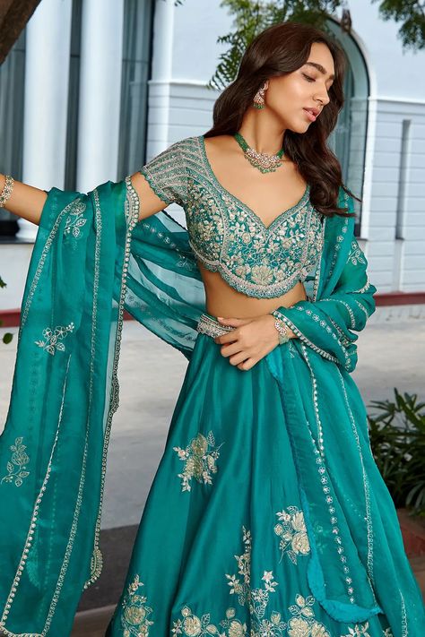 Buy Osaa by Adarsh Green Mulberry Silk Floral Embroidered Lehenga Set Online | Aza Fashions Pola Blus, Leaf Sleeve, Indian Outfits Lehenga, Fashionable Saree Blouse Designs, Applique Work, Green Lehenga, Gaun Fashion, Blouse Designs Indian, Embroidered Lehenga