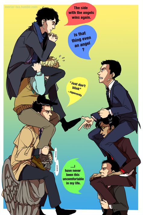 this is getting silly by ryounkura on DeviantArt Mrs Hudson, Sherlock Fandom, Fandom Crossover, Supernatural Funny, E Mc2, Good Omens, Supernatural Fandom, Timey Wimey Stuff, Johnlock