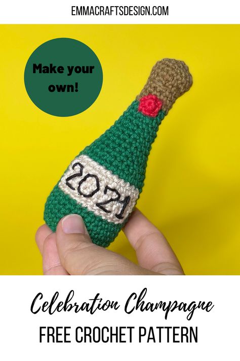 Make your own crochet amigurumi champagne bottle with this free pattern! Crochet Bottle Amigurumi, Crochet 21st Birthday, Crochet Champagne Bottle, Wine Bottle Cozy Crochet Pattern, Crochet Martini, Crochet Cocktail, Small Champagne Bottles, Crochet Beer, Yarn Organization