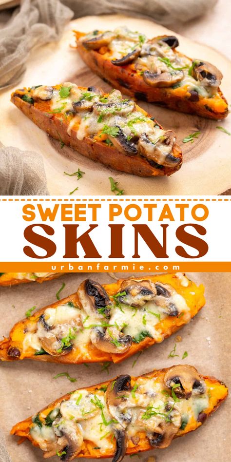 These Sweet Potato Skins are a quick and easy appetizer recipe with a perfect mix of creamy, cheesy, and savory flavors topped with fresh parsley. Add this healthy recipe to your summer appetizers for a party! Vegan Finger Foods For Party, Sweet Potato Skins Recipe, Potato Skins Appetizer, Potato Skins Recipe, Appetizers For A Party, Vegan Finger Foods, Summer Appetizers, Vegetarian Appetizer, Healthy Finger Foods