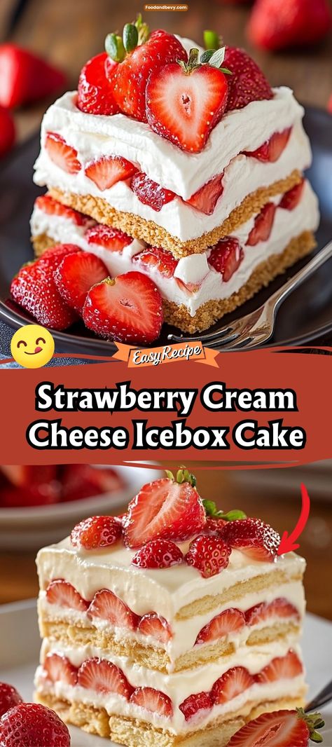 Experience the refreshing delight of the Best Strawberry Cream Cheese Icebox Cake. Layers of graham crackers, creamy strawberry cream cheese, and fresh strawberries come together in this no-bake dessert that's perfect for summer gatherings or whenever you need a quick and delicious treat. #IceboxCake #StrawberryDessert #NoBake No Bake Strawberry Lasagna, Recipes With Strawberry Cream Cheese, Raspberry Ice Box Cake, Strawberry Cool Whip Desserts, Strawberry Deserts Ideas, Strawberry Desserts With Cream Cheese, No Bake Strawberry Delight, Good Desserts Recipes, Strawberry Cheesecake Pudding