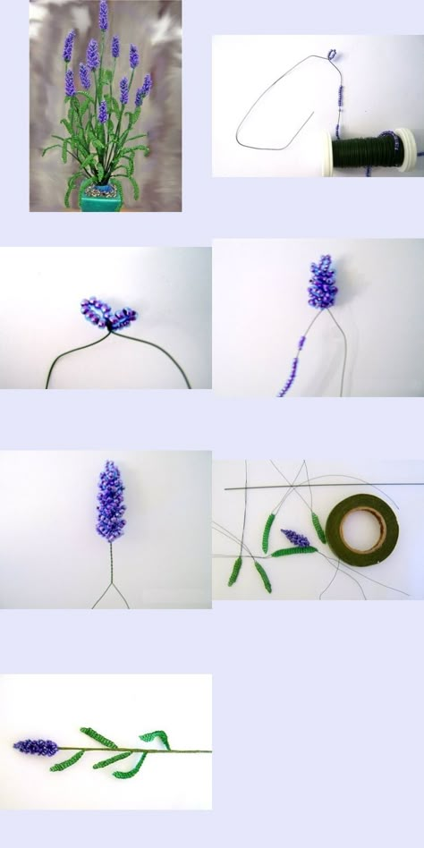 levendula fűzésmintája Beaded Lavender Flower, Beaded Wisteria, Beaded Lavender, Beaded Trees, French Beading, Beaded Flowers Patterns, Seed Bead Flowers, French Beaded Flowers, Wire Trees