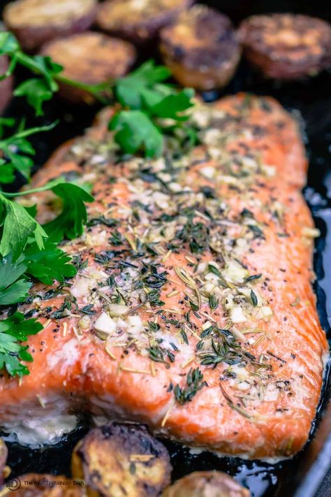 Slow Roasted Salmon and Potatoes Recipe Salmon In A Pan, Salmon And Potatoes, Slow Roasted Salmon, The Defined Dish, Defined Dish, Cook Salmon, The Mediterranean Dish, Potato Dinner, Slow Roast