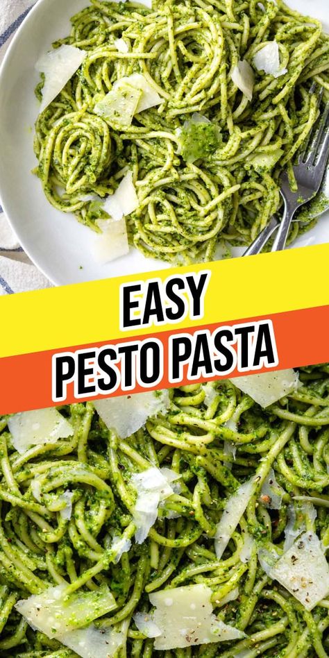 Pesto Pasta is a classic Italian dish that's easy to master. Enjoy noodles topped in a homemade pine nut, garlic, basil and parmesan sauce. Pesto Pasta Pine Nut, Pesto Recipe Pasta, Garlic Pesto Sauce, Basic Pasta Sauce, Pesto Noodles, Pesto Linguine, Pesto Pasta Dishes, Basil Pasta Recipes, Easy Pesto Pasta