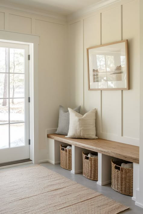 Mudroom Ideas That Are Functional & Inviting (big and small!) Wainscoting Ideas Mudroom, Entry Hall Tree Ideas, Bench With Hooks Entryway, Diy Entryway Built In, Entry Way Storage Bench Ideas, Natural Wood Mudroom, L Shaped Mudroom Bench, Mudroom With Desk, Entryway Ideas With Storage