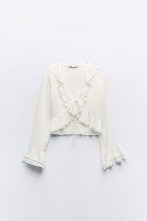 White Ruffle Blouse, Women White Blouse, Bow Shirts, Zara Blouse, Zara White, Zara United States, White Blouse, Flared Sleeves, High Collar