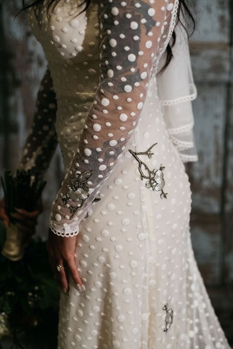 Polka dot wedding dress with floral embroidery · Rock n Roll Bride Polka Dot Wedding Theme, Edgy Wedding Dress, Dot Wedding Dress, Las Vegas Wedding Dresses, Grunge Wedding, October Wedding Dresses, Polka Dot Wedding Dress, Wild Wedding, Dress With Floral Embroidery