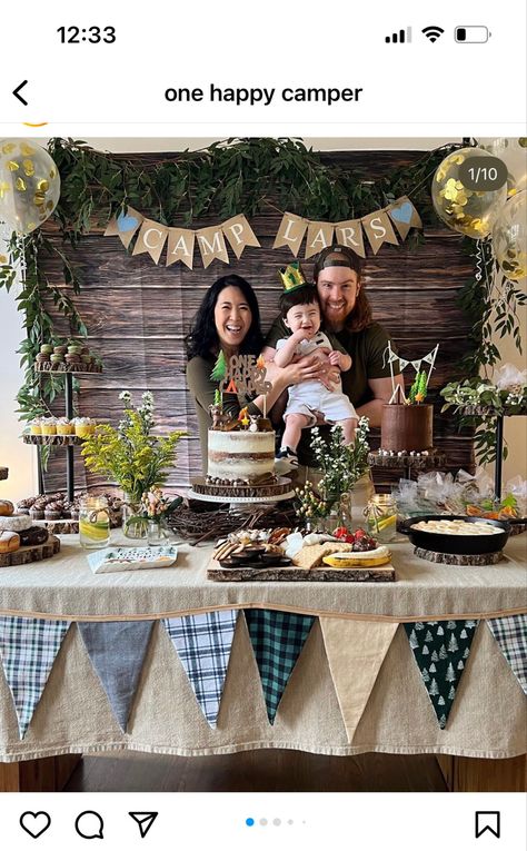 Mountains Birthday, Ready 4 Adventure Birthday, Camping Party Decor, One Happy Camper Backdrop, One Happy Camper First Birthday, Campout Party, Happy Camper Birthday Party, Explorer Birthday Party, Party Cake Table