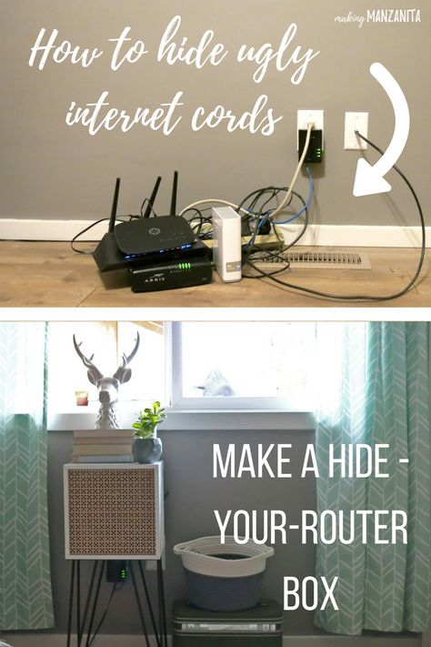 How To Hide Router Cords With A Mid-Century Side Table Hide Electrical Cords, Hide Router, Router Box, Hide Cable Box, Mid Century Modern Side Table, Hiding Ugly, Hide Cords, Industrial Interior Style, Mid Century Side Table