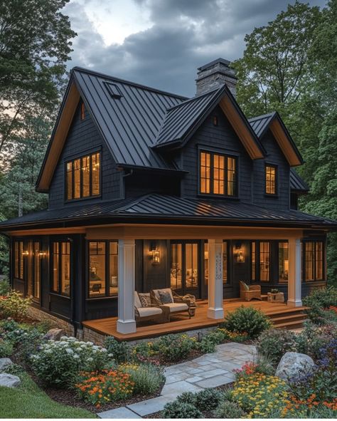 Moody House Exterior, Moody Modern Farmhouse, House With Copper Roof, Moody House, Dark Grey Houses, Moody Modern, Navy Houses, Home Styles Exterior, Farmhouse Vibes