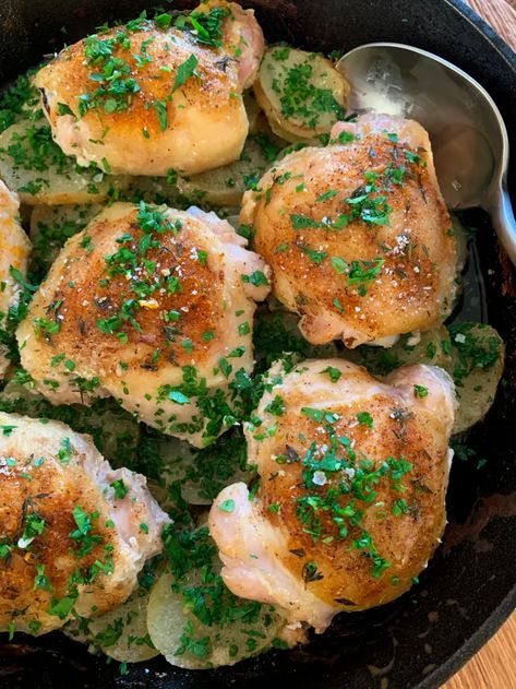 A Review of Ina Garten's Skillet-Roasted Chicken and Potatoes | Kitchn Skillet Roasted Chicken And Potatoes, Buttermilk Marinated Chicken, Ina Garten Chicken, Best Ina Garten Recipes, New Chicken Recipes, Roasted Chicken And Potatoes, Chicken Thighs Recipe, Thighs Recipe, Chicken And Potatoes