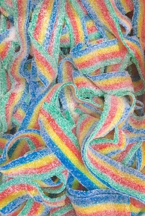 Sour Strips, Rainbow Snacks, Candy Photography, Sour Belts, Rainbow Belts, Asian Aesthetic, Gummy Worms, Sour Candy, Lunch Box Recipes