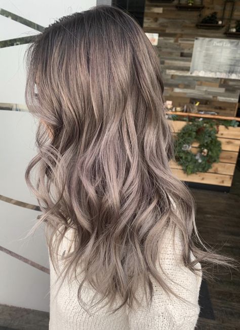 Ashy Light Brown Hair Ombre, Lived In Mushroom Blonde, Ash Brown Purple Balayage, Mushrooms Hair Color, Mushroom Brown Hair With Ash Blonde Highlights, Cool Mushroom Brown Hair, Silvery Brown Hair Color, Mushroom Brown Hair Color With Money Pieces, Solid Dark Ash Blonde Hair