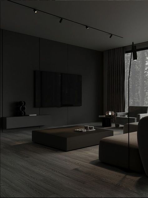 Black Apartment Aesthetic, Dark Home Aesthetic, Bedroom Tile, Art Decor Ideas, Home Quotes, Dark Living Rooms, Dark Modern, Best Bedroom, Bedroom Wall Paint