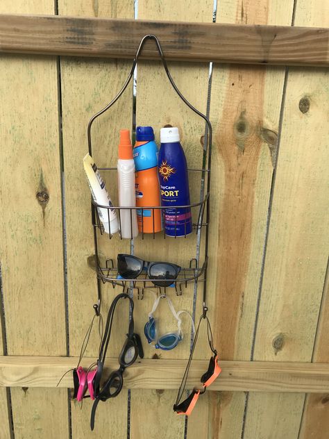 Recycle an old shower caddy to hold goggles and sunscreen Outdoor Shower Caddy, Shower Caddy, Outdoor Shower, Pool Area, Apartment Living, Goggles, Sunscreen, Recycling, Apartment