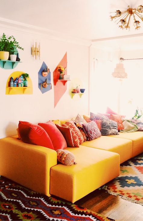 Colorful Couch, Farmhouse Living Room Lighting, Yellow Couch, Classy Rooms, Bright Walls, Kid Room, Colorful Pillows, Living Room Art, Home Interior