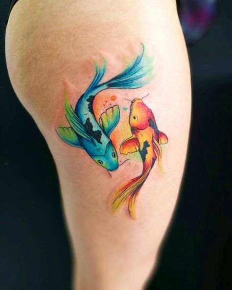 Thinking about getting a tattoo, but not sure if koi fish would be the best choice? Find out what it might mean, how the colors affect it, and what awesome ideas are out there. Blue Koi Fish Tattoo, Pez Koi Tattoo, Coy Fish Tattoos, Koi Fish Tattoos, Blue Koi Fish, Rad Tattoos, Pisces Tattoo, Koi Tattoo Design, Artsy Tattoos