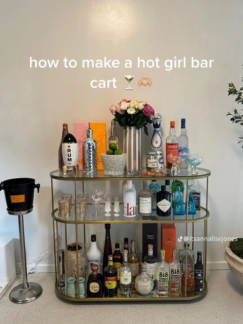 Mini Bar At Home Aesthetic, Mini Bar Bedroom, Mini Bar Aesthetic, Bar Cart Aesthetic, Aesthetic Bar Cart, Bar Cart Inspo, Uni House, Hangout Space, Home Bar Ideas