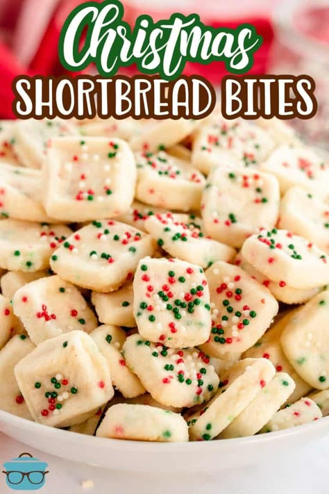 Mini Christmas Shortbread Cookies - The Country Cook Christmas Shortbread Cookie Bars, Bite Sized Christmas Treats, Christmas Shortbread Cookie Bites 4 Ingredients, Shortbread Squares Christmas, Shortbread Cookie Bites Recipe, Shortbread Pan Cookies, Treats For Neighbors Christmas, Best Short Bread Cookies, Christmas Squares And Bars Cookie Exchange