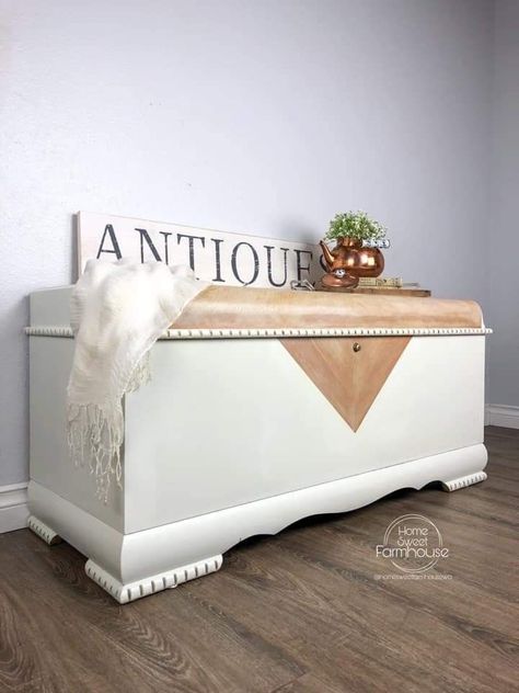 Hope Chest Repurposed, Modernize Cedar Chest, Waterfall Cedar Chest Makeover, Wood Chest Makeover, Modern Hope Chest, Blanket Chest Makeover, Refinished Cedar Chest Ideas, Diy Hope Chest, Hope Chest Redo