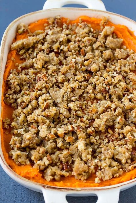 This recipe for sweet potato casserole with marshmallows is mashed spiced sweet potatoes, topped with both a pecan streusel topping and plenty of mini marshmallows. Sweet Potatoes Baked, The Best Sweet Potato Casserole, Pecan Streusel Topping, Vegan Sweet Potato Casserole, Butternut Squash Casserole, Best Sweet Potato Casserole, Best Sweet Potato, Frozen Butternut Squash, Sweet Potato Casserole Easy