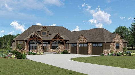 House Plan 51854 - Country, Craftsman, Ranch Style House Plan with 2470 Sq Ft, 4 Bed, 4 Bath, 3 Car Garage 4 Bedroom Ranch House Plans, Craftsman Columns, House Lake, Rustic Exterior, Basement Plans, Ranch Style House Plans, Mountain House Plans, Basement House, Craftsman House Plan