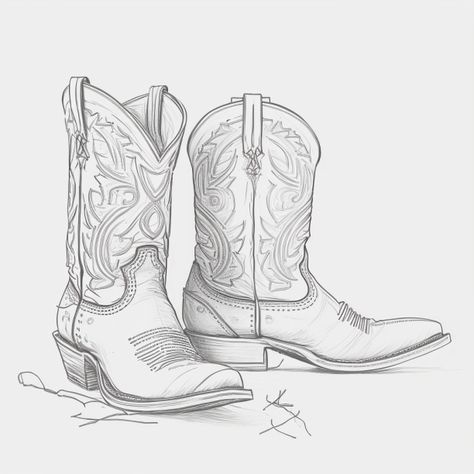 Drawing Cowboy Boots, Country Music Inspired Tattoos, Western Boot Tattoo, Cowboy Boots Sketch, Cowboy Boot Sketch, Boots Tattoo Ideas, Cowboy Drawing Easy, How To Draw Cowboy Boots, Western Memorial Tattoos